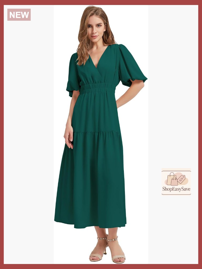 V-Neck Puff Sleeve A-Line Midi Dress Tiered Summer Chic Party Wear